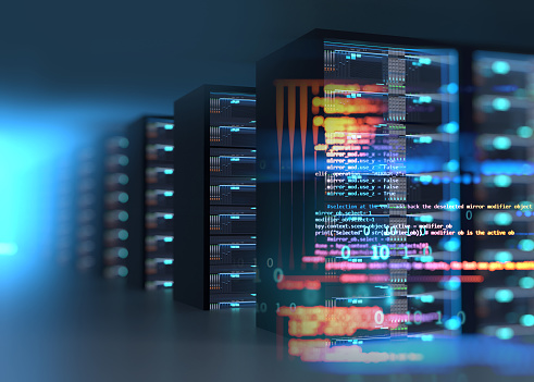 server room 3d illustration with node base programming data design element concept of big data
storage and cloud computing technology.